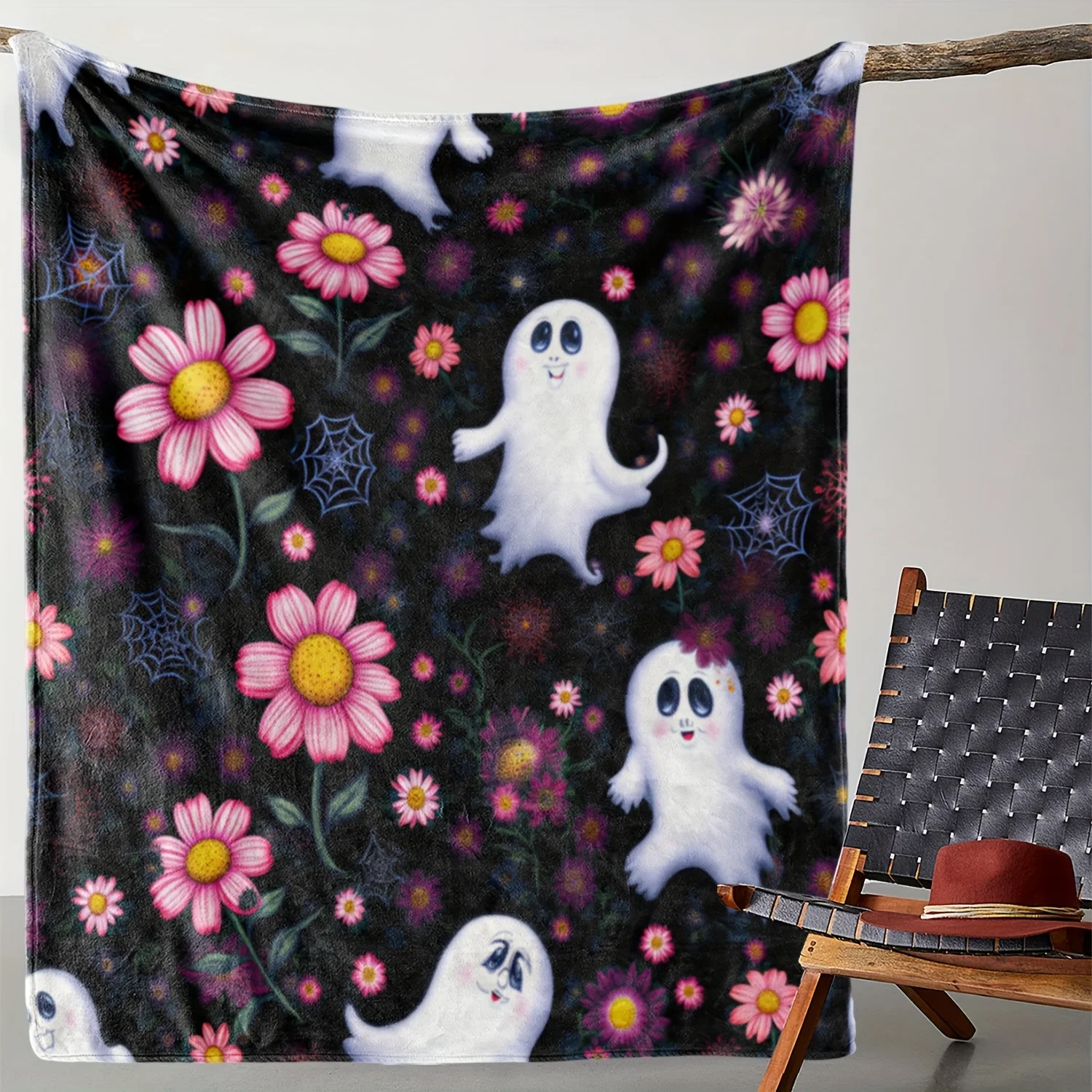 

1pc Sdoo Halloween Ghosts & Floral Throw Blanket - Soft Flannel Couch Bedspread with Cute White Ghosts, Pink Flowers, Spiderwebs