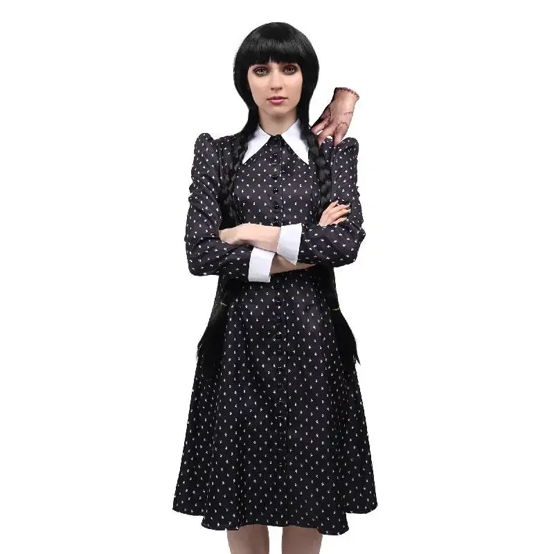 DAZCOS Anime The Addams Cosplay Famiglia Mercoledì Addams Costume Halloween Manica lunga Polka Dot Costume Donna Adulto US Taglia UY24