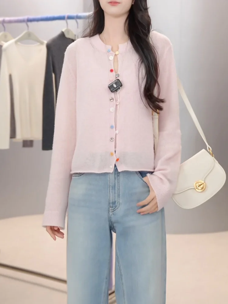 

Свитер-топ свободного кроя в корейском стиле, розовый, на пуговицах, большой размер, мягкий, универсальный, омолаживающий, с круглым вырезом