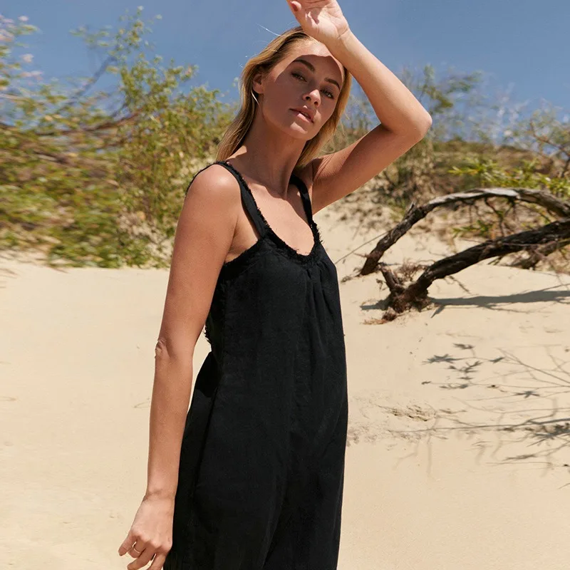 فستان طويل كتان عتيق للنساء صيفي مثير بدون أكمام جديد أسود بلون سادة فضفاض لقضاء العطلات على الشاطئ وحفلات الموضة رداء فيستدوس #4