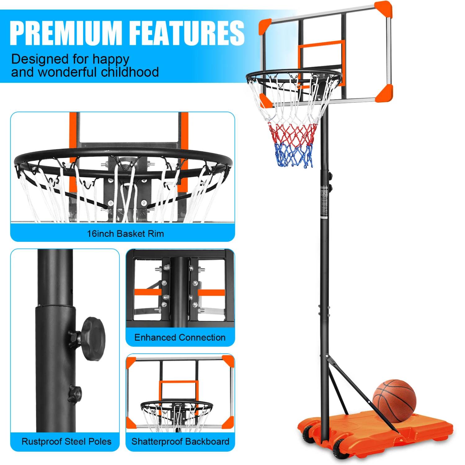 

Portable Basketball Goal System with Stable Base and Wheels | Height Adjustable 5.6 to 7ft | Indoor Outdoor Youth Basketball Hoo