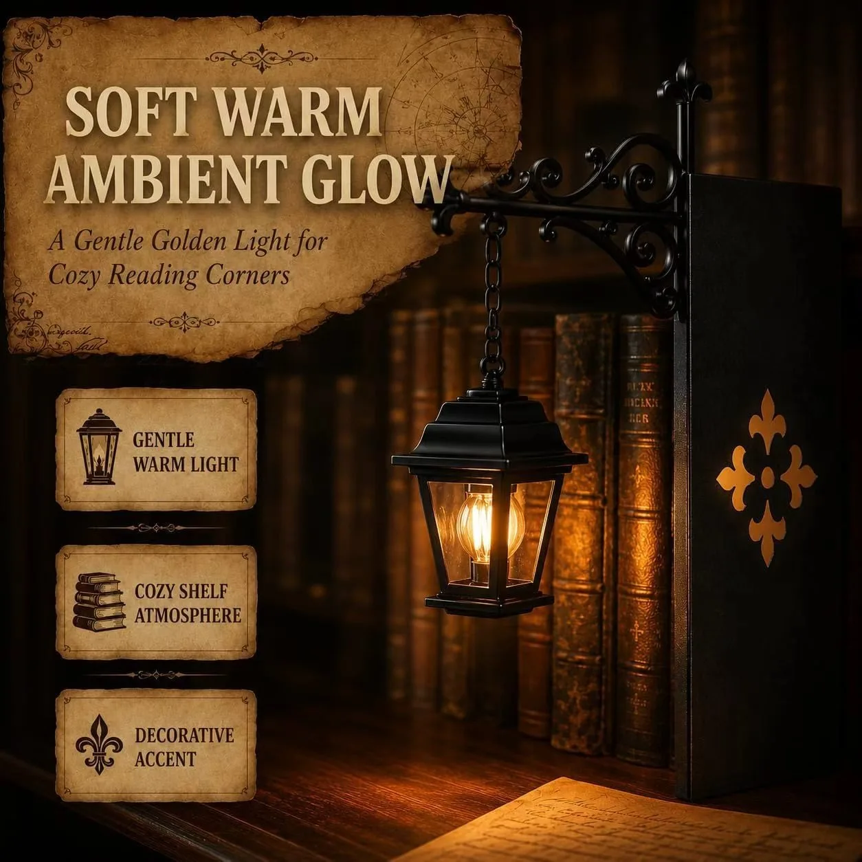 Ghost Bookshelf Lantern Vintage Hanging Mini Library Lamp Scrollwork Bracket Bookend Style Decor Light Warm Ornate Desk Lighting