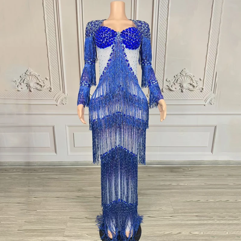 Blaue Diamant-Strasssteine mit Fransen, Abendkleider, Partykleider, Damen-Performance, Festival-Outfit, Bar, Nachtclub, Bühnenshow-Kostüm