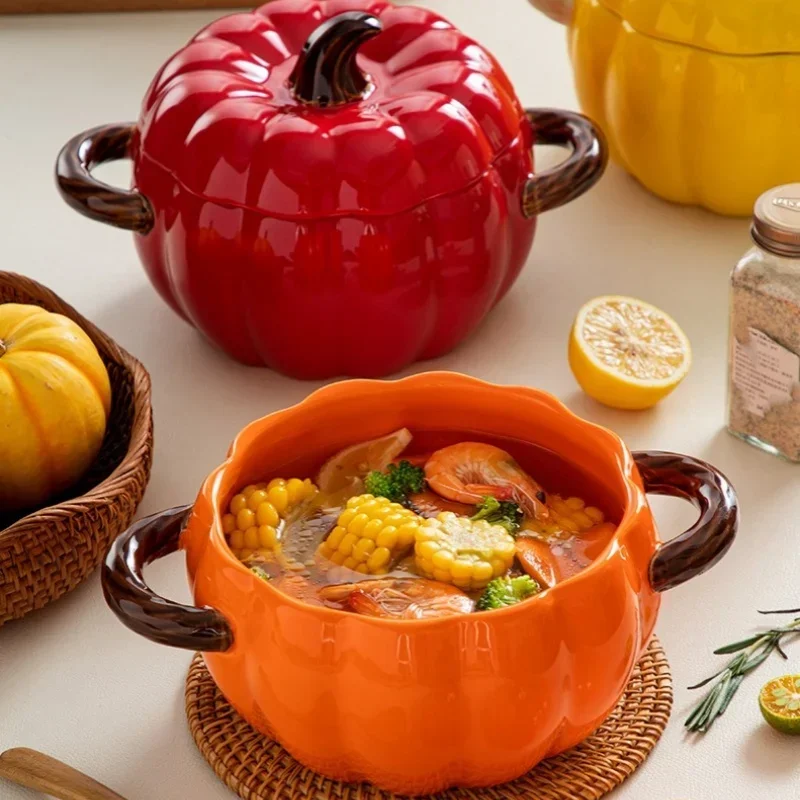 

Ceramic Soup pot with lid Creative Pumpkin shape Binaural Soup Bowl Household Large Soup Noodle Bowl Halloween Decoration