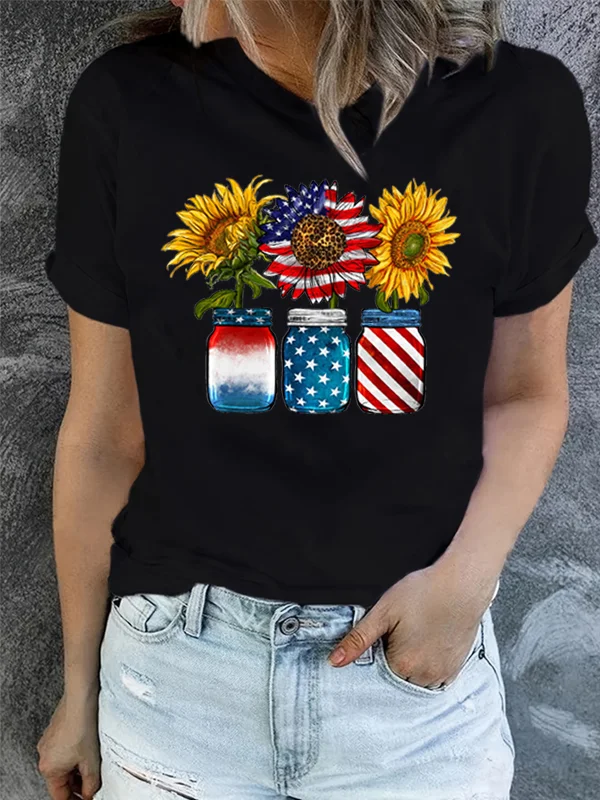 Vintage Cartoon America Flag Sun Flowers in The Water Glasses Print Women T-shirt New Trend Independence Day Holiday Female Tee