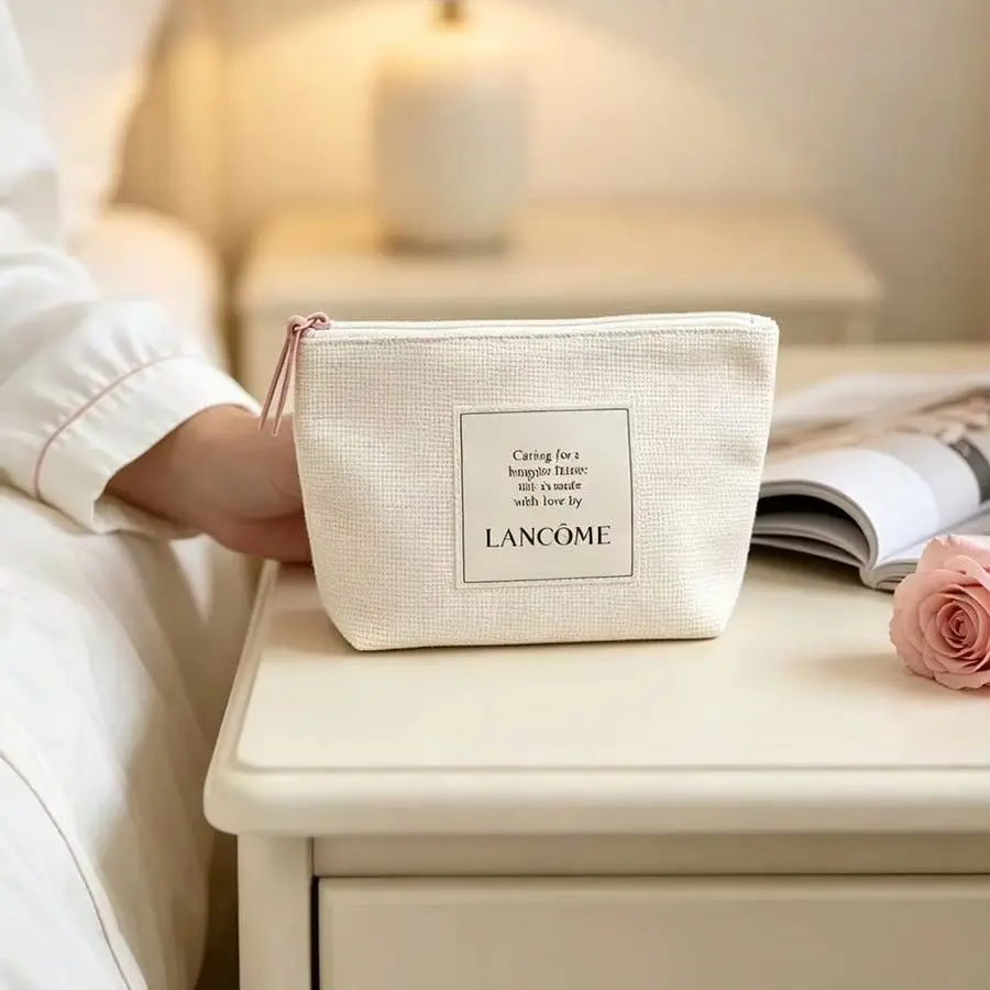 Lancome’s bag Cream White Textured Thick Canvas Makeup Bag Portable Foldable Travel Cosmetic Storage Pouch Luxury Beauty Gift Fo