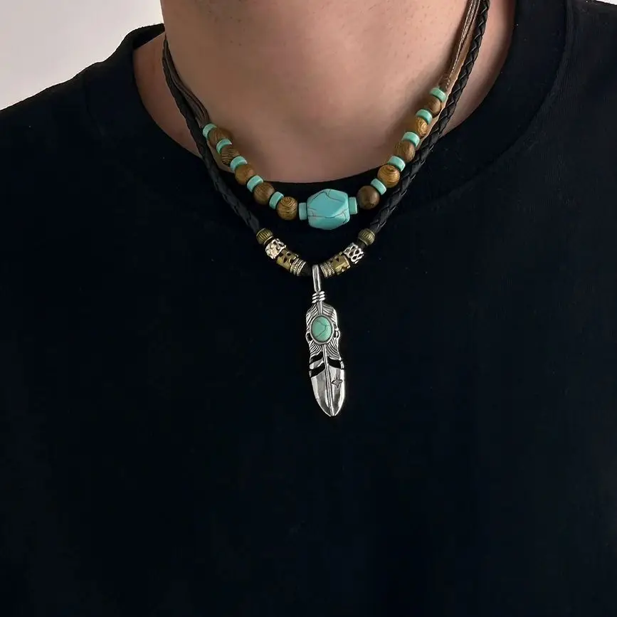 

Lacteo Bohemia Brown Wax Thread Adjustable Necklace for Women Colorful Imitation Pine Stone Beads Geometric Alloy Pendant New