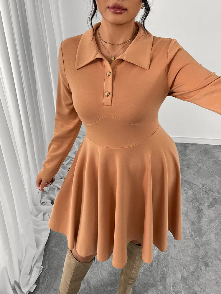 GIBSIE grande taille bouton revers col a-ligne robe femmes 2025 automne et hiver taille haute à manches longues décontracté grandes robes trapèze