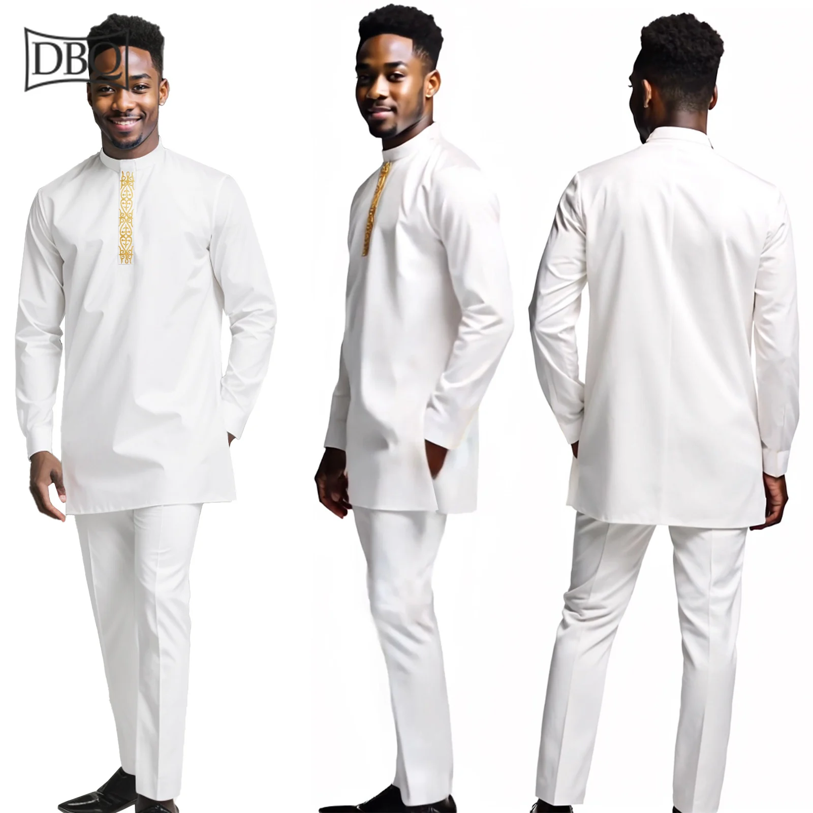 

DBQ Men's 2 Pieces Cotton Embroidery Long Sleeve Shirts Casual Pants Set With Pockets BD165