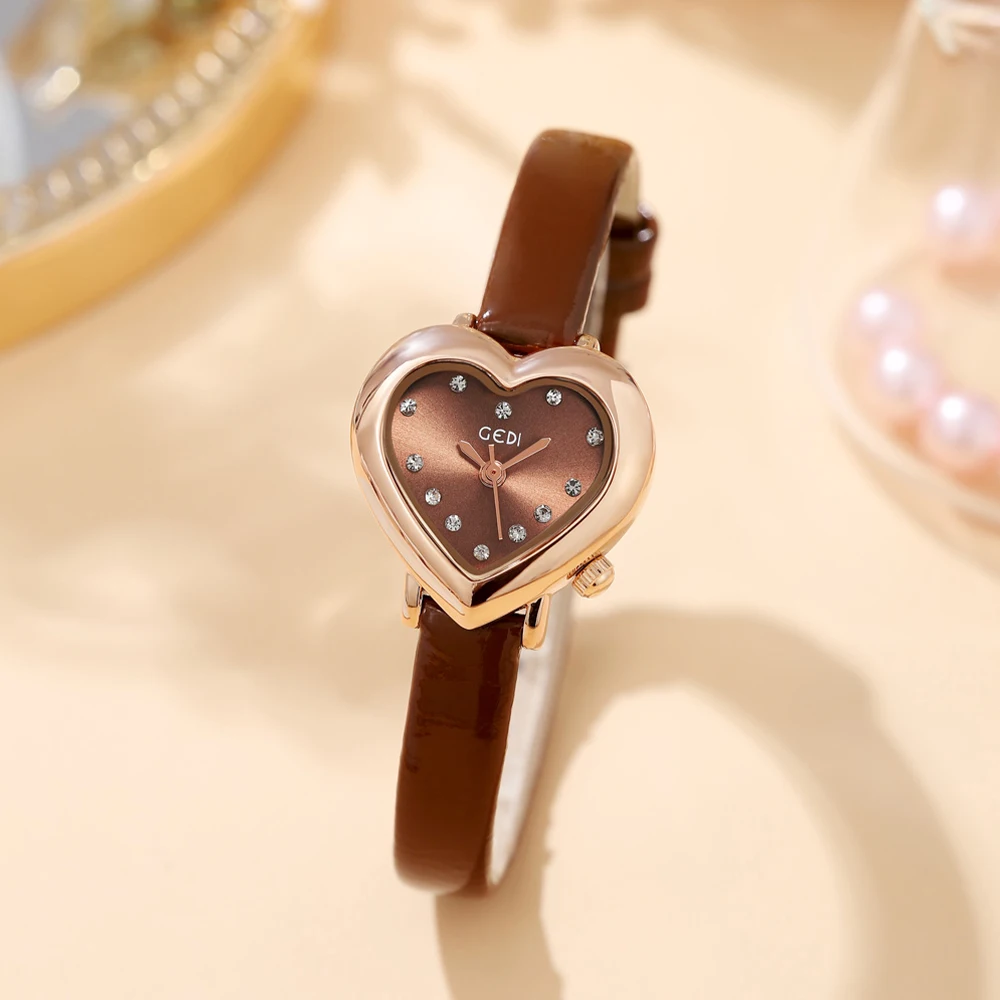 GEDI Fashion Heart Shaped Watch Women Luxury Cute Ultra-thin Quartz Wrist Watch Ladies Watches PU Leather Water Resistance 30m