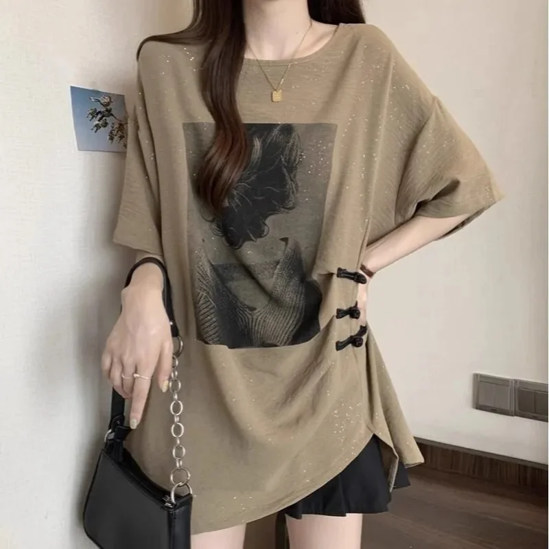 Loose Batwing Sleeve T Shirt with Film Print and Button Detail Khaki Color Summer Casual Top for Women
