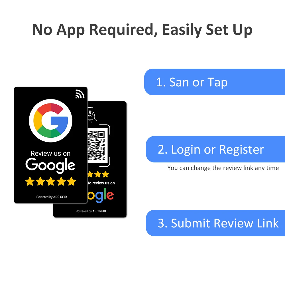 مراجعة بطاقة العمل لجوجل، NFC Tap ورمز الاستجابة السريعة الديناميكي، إعداد سهل مع إدارة رابط المراجعة، لا يتطلب التطبيق