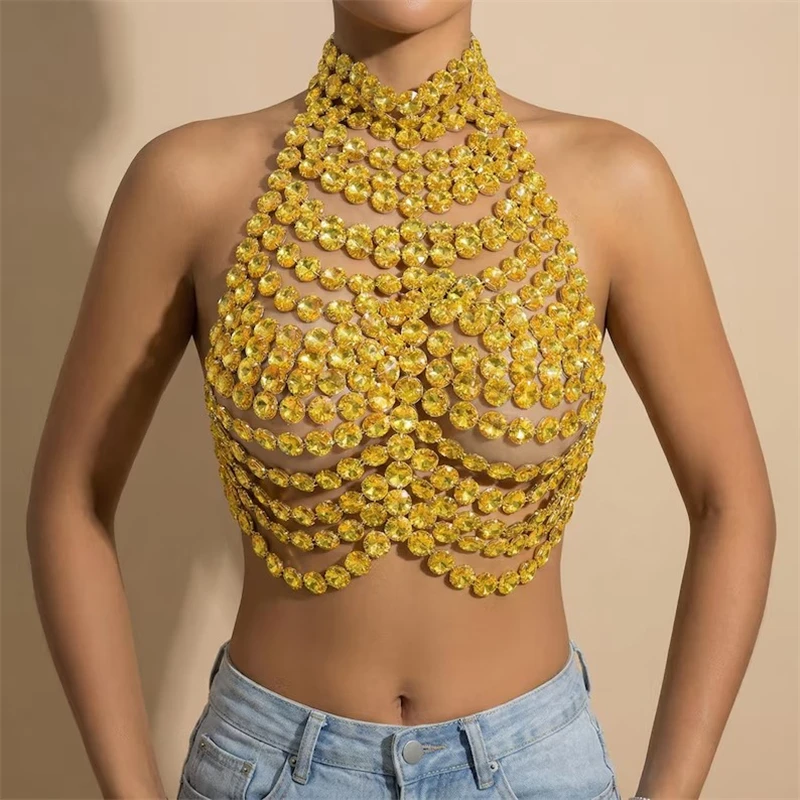 Damen Große Strass-Neckholder-Körperkette Top Funkelnder Kristall-Harness Crop-Top Körperschmuck Nachtclub Rave Party Kostüm Dropshipping – Detail 4
