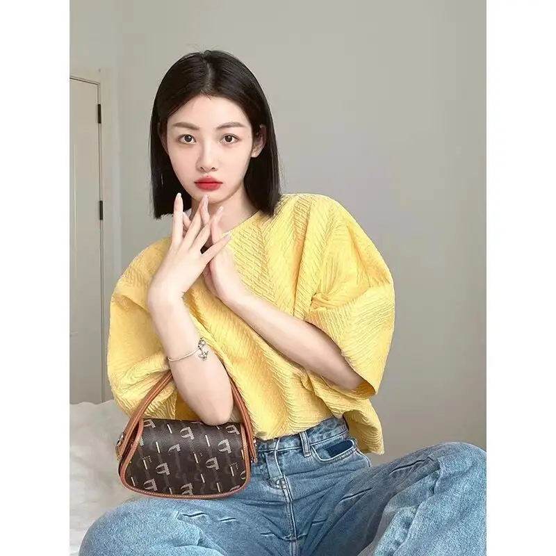 بلوزة صيفية نسائية صفراء فقاعية، مقاس صغير، فضفاضة، نحيفة، عصرية للارتداء اليومي