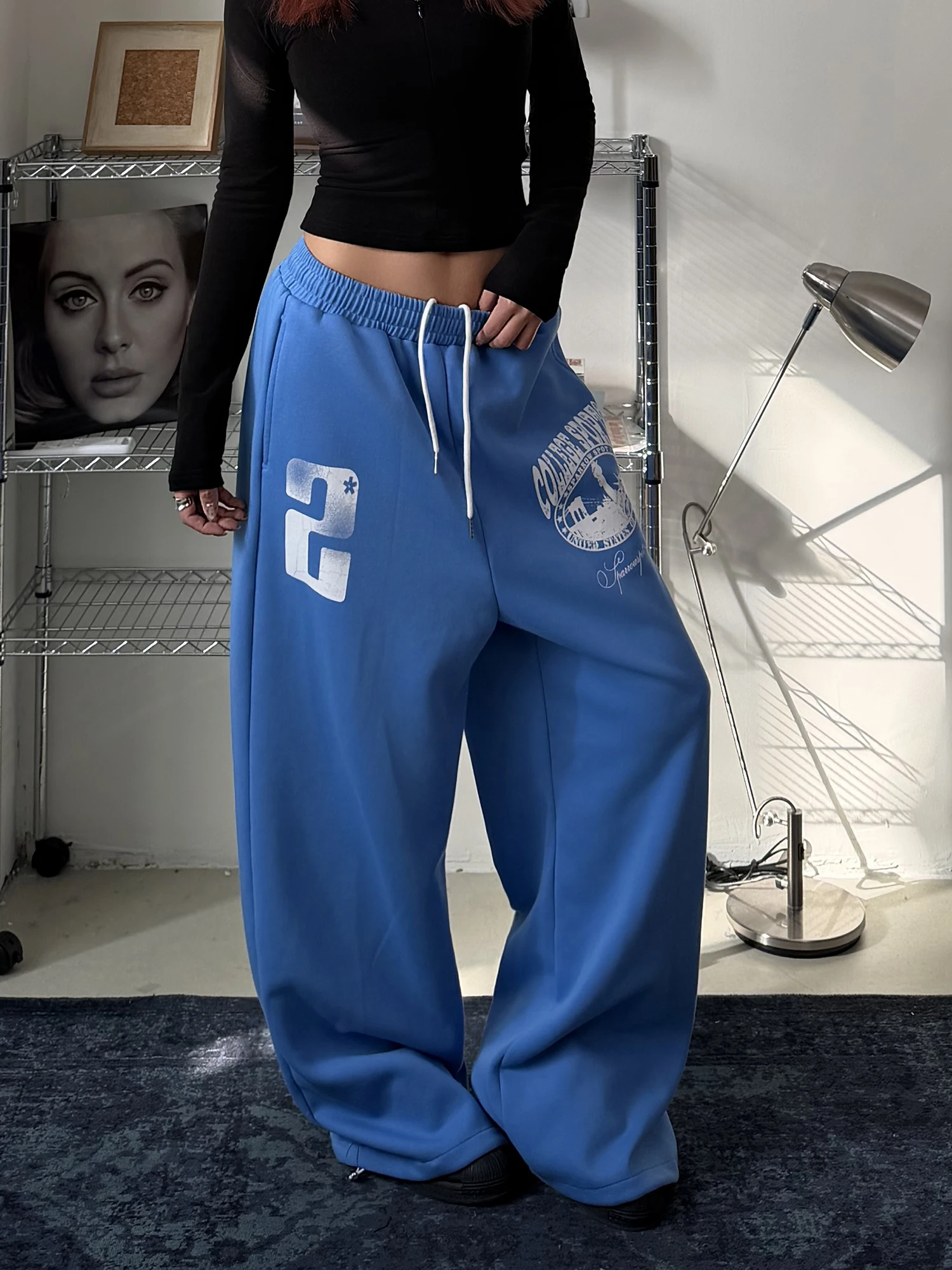 

Американские ретро-брюки синего цвета, свободные, широкие, женские, повседневные, удобные, свободного кроя, с принтом, из хлопка, прямые штанины