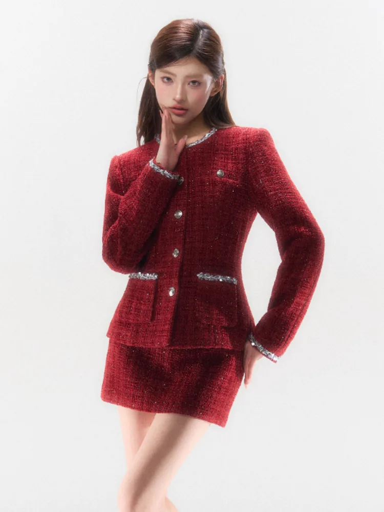 High Quality French Tweed Two Piece Set Women Luxury Jacket Coat + Mini Skirt Suits Fall Winter Sweet Christmas 2 Piece Outfits