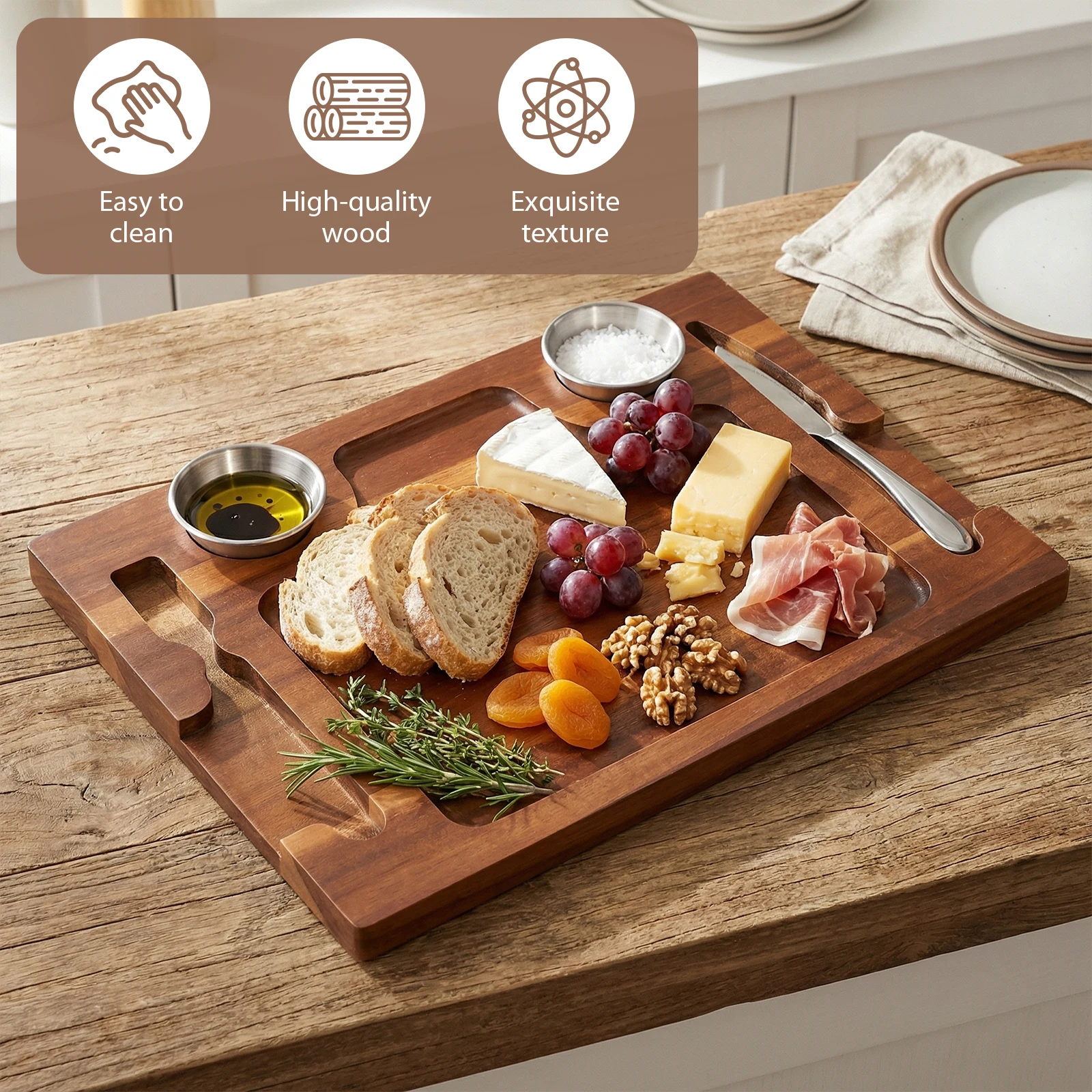 

Acacia Wood Serving Plate with Grooves Charcuterie Chopping Board with 2 Sauce Cups for Home