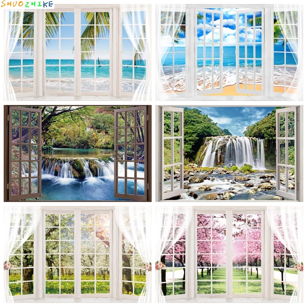 

Spring Summer Window Scenery Backdrops Landscape Forest Trees Flowers Photo Baby Portrait Photography Background Photo Studio