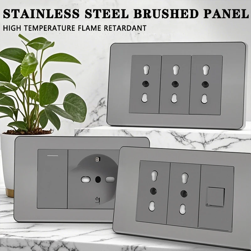 

118 Grey Schuko Tuya Wifi Smart Wall Socket Stainless Steel Brushed USB Type-C Sat TV Tel Doorbell Italy Chile Stainless Steel