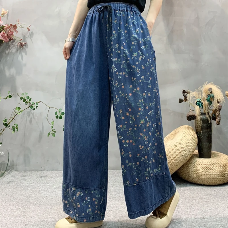 

High Waist Vintage Jeans Spring New Casual Elastic Waistline Women Pants Loose Quality Floral Patchwork Design Jeans Women