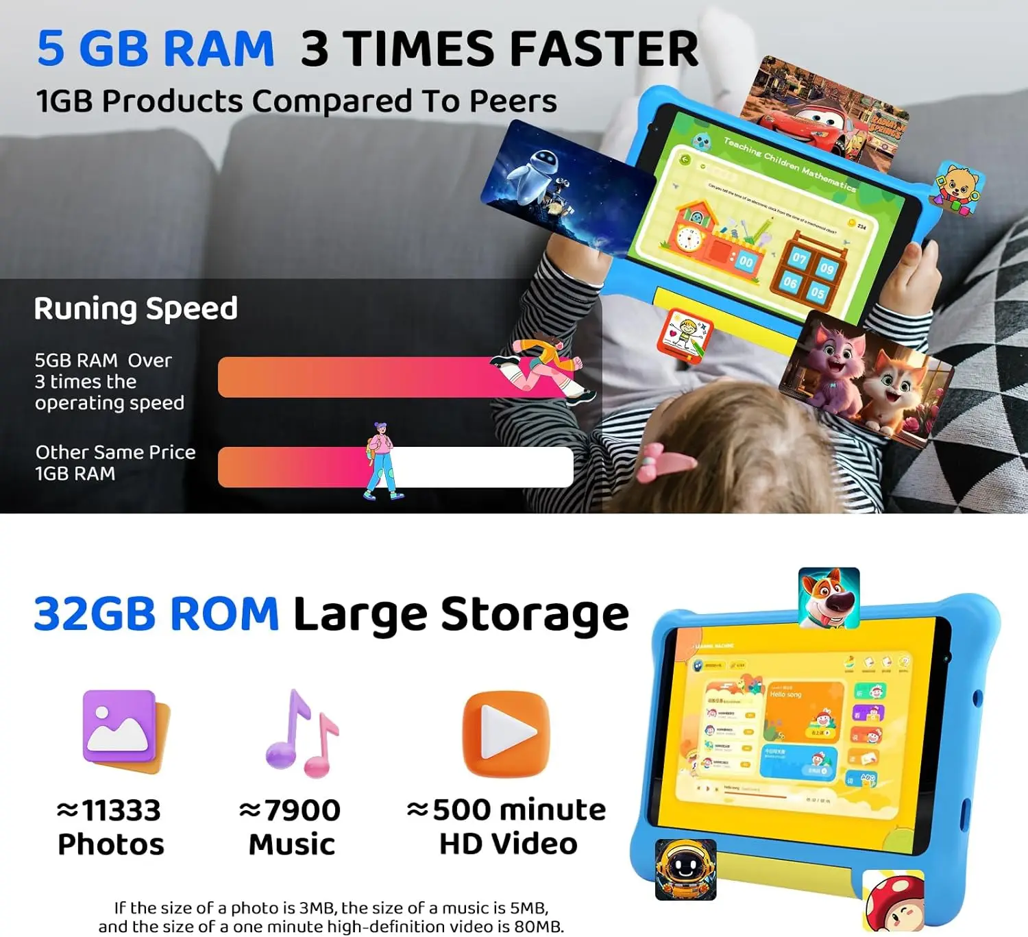 URAO 7 Inch Kid Tablet Android13 5GB RAM 32GB ROM 128GB Expand 5G WiFi 2500mAh Battery Dual Camera Children's Gift Kids Software