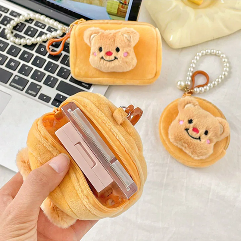 

Cartoon Cute Bear Coin Purse With Pearl Chain Kawaii Wallet Portable Plush Key Earphone Coin Storage Pouch Zipper Bag Kids Gift