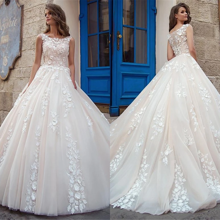 Vestidos de novia sin mangas con escote redondo, vestidos de novia de encaje con apliques de tul, 2021