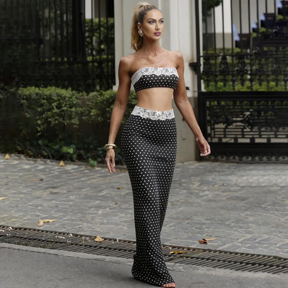 

Polka Dots Print Lace Patchwork 2 Piece Set Women Fashion Tube Crop Tops + High Waist Bodycon Maxi Skirts Party Clubwear Suits