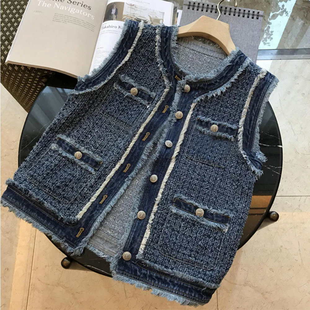 Women Fashion Denim Vest Frayed Sleeveless One Breasted Versatile Jean Coat Spring Fall Female Casual Commute Waistcoat