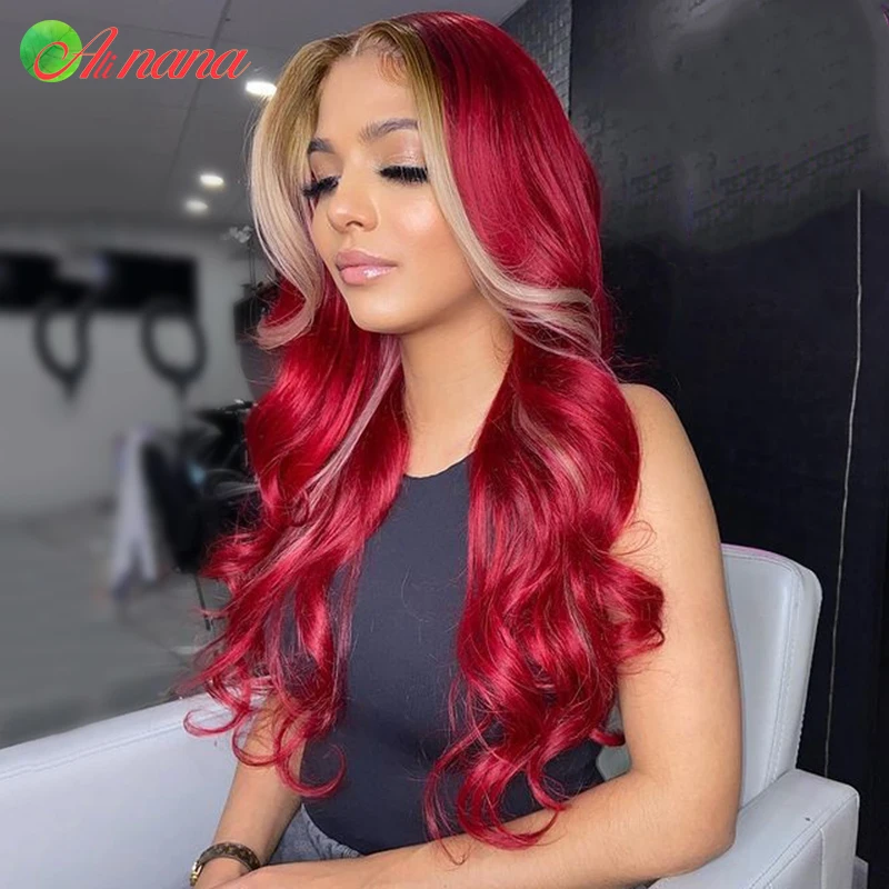 Cherry Red With Blonde Colored Body Wave Brazilian Higlights Red Color Human Hair Wig For Women Pre-Plucked 13x6 Lace Front Wig