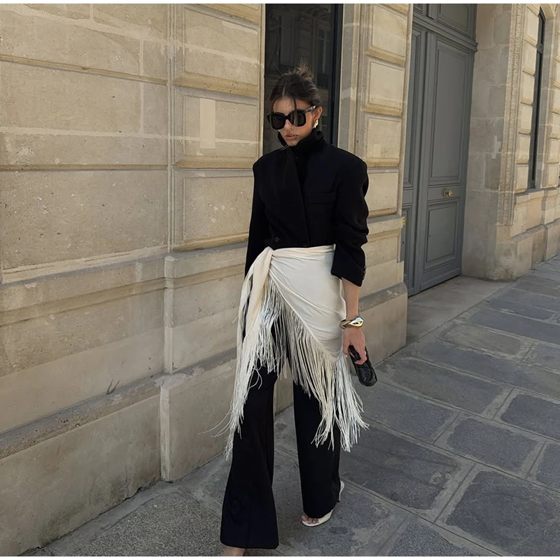 Fringe Wrap Skirt Solid Tie Waist Boho Style Elegant Women Fashion All-match Mini Skirts 2026 Party Chic Casual Vacation Outfit