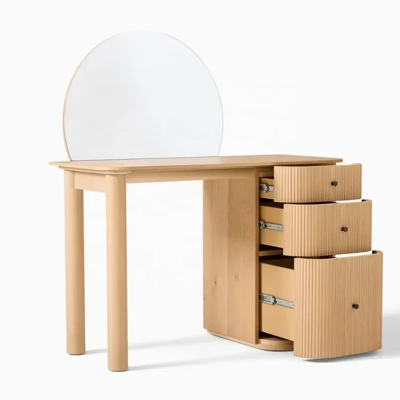 Customized Solid Wood Vanity Table with Fluted Drawer Design and Round Mirror Wholesale Curved Dressing Table for Bedroom