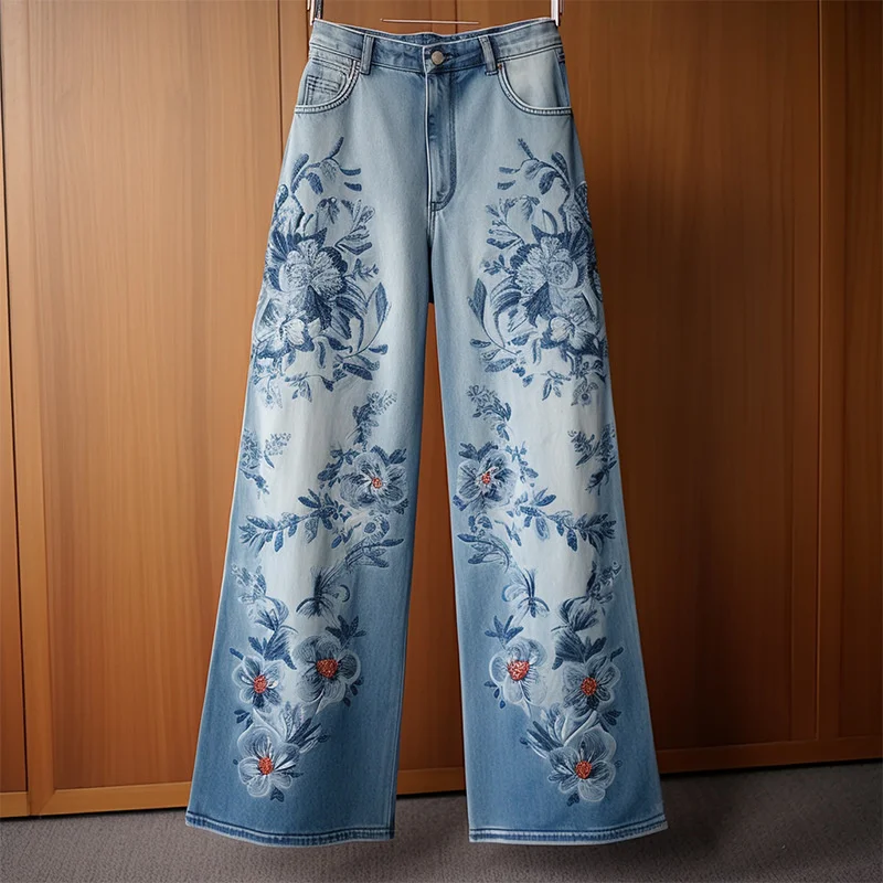 

Embroidered Straight Jeans Women 2025 New Fashion Denim pants Female Autumn High Waist wide-leg pants Ladies Casual Trousers