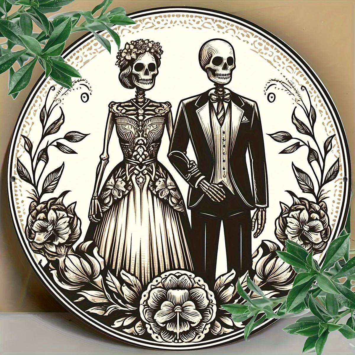 1pc 8 X 8 Inch Charming Gothic Skeleton Couple Wreath Sign - Aluminum, Ivory Frame Design for Halloween And Day of The Dead Deco