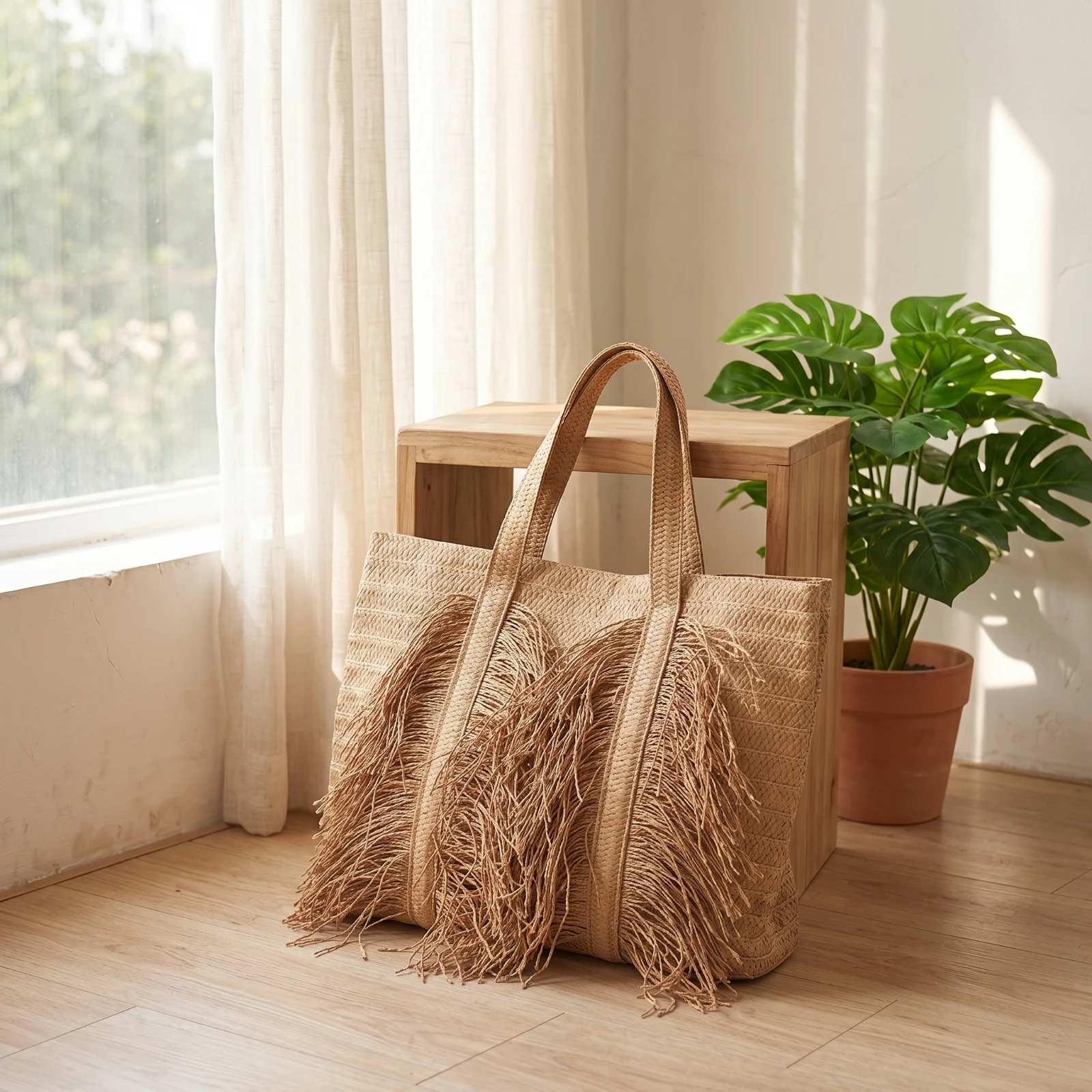 Tote Bag with Fringe Handwoven Fringe Tote Bag Handbag Bohemian Practical for Women, Beach, Vacation