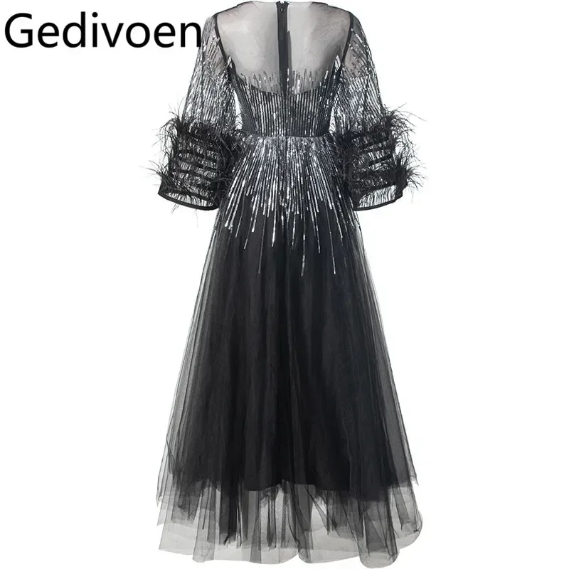 Gedivoen, vestido de baile elegante y precioso para mujer, vestido de malla con lentejuelas, plumas de manga larga, vestidos de noche de fiesta de otoño e invierno