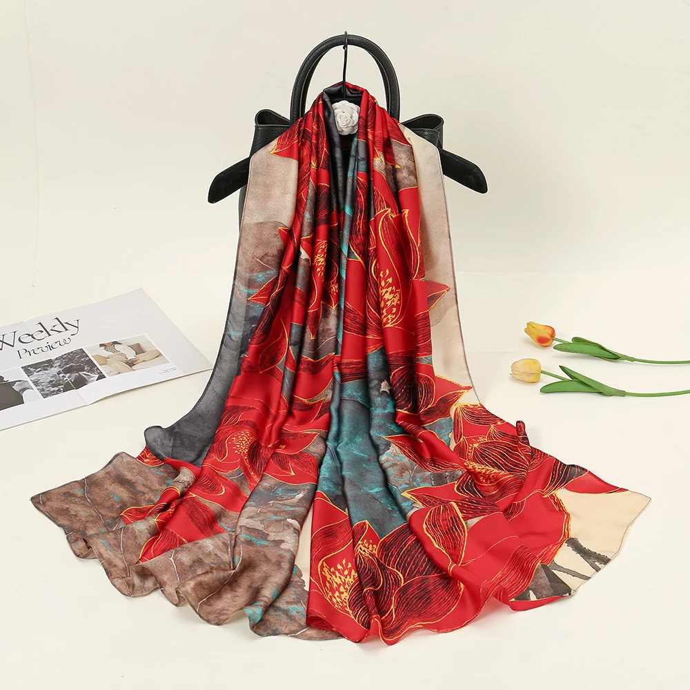 New European and American brand style a variety of cloud brocade thin scarf women's high-end satin imitation silk scarf