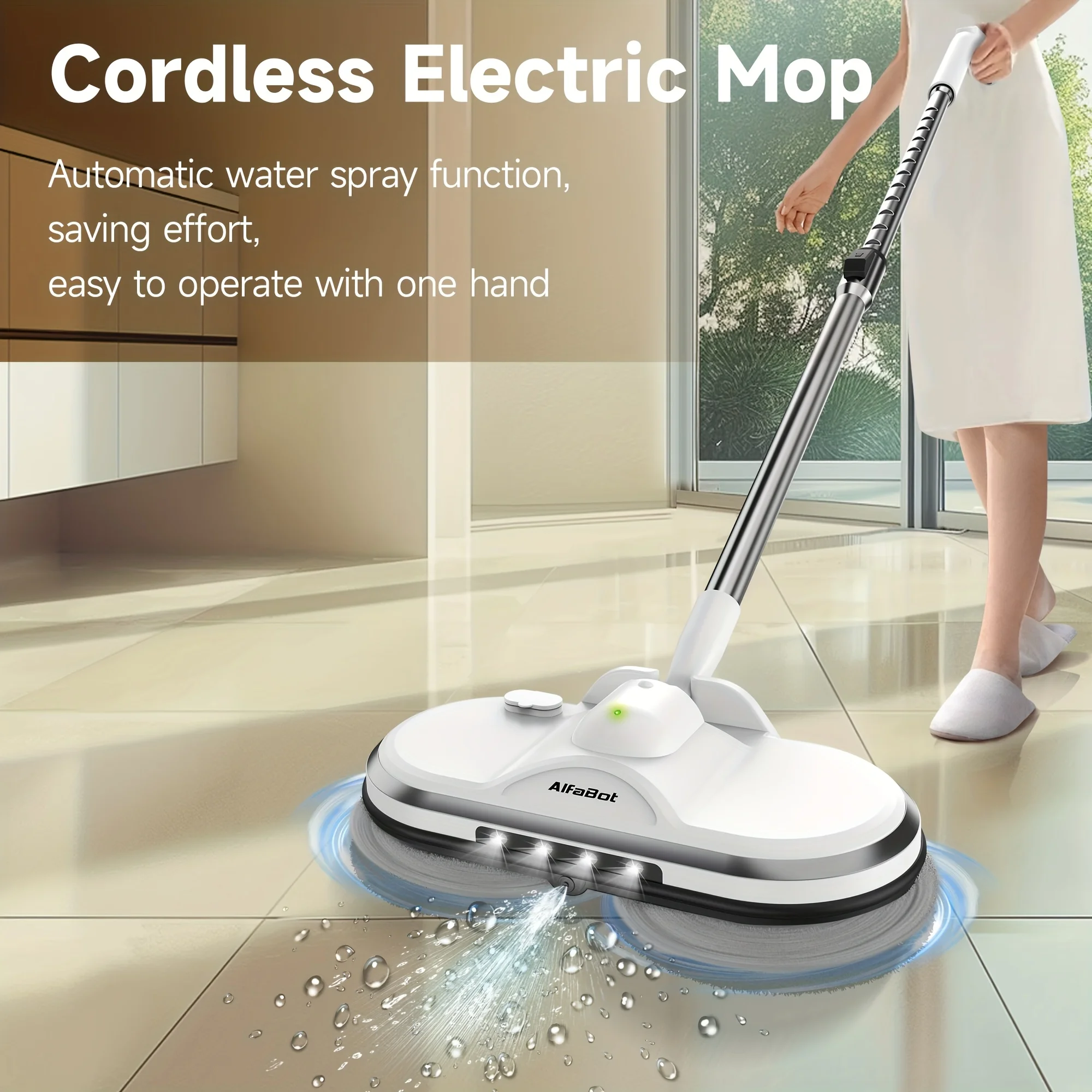

Cordless Electric Mop, Cordless Spin Mop for Floor Cleaning with LED Headlight and Sprayer/6.09oz Water Tank/50 Mins Runtime, Li