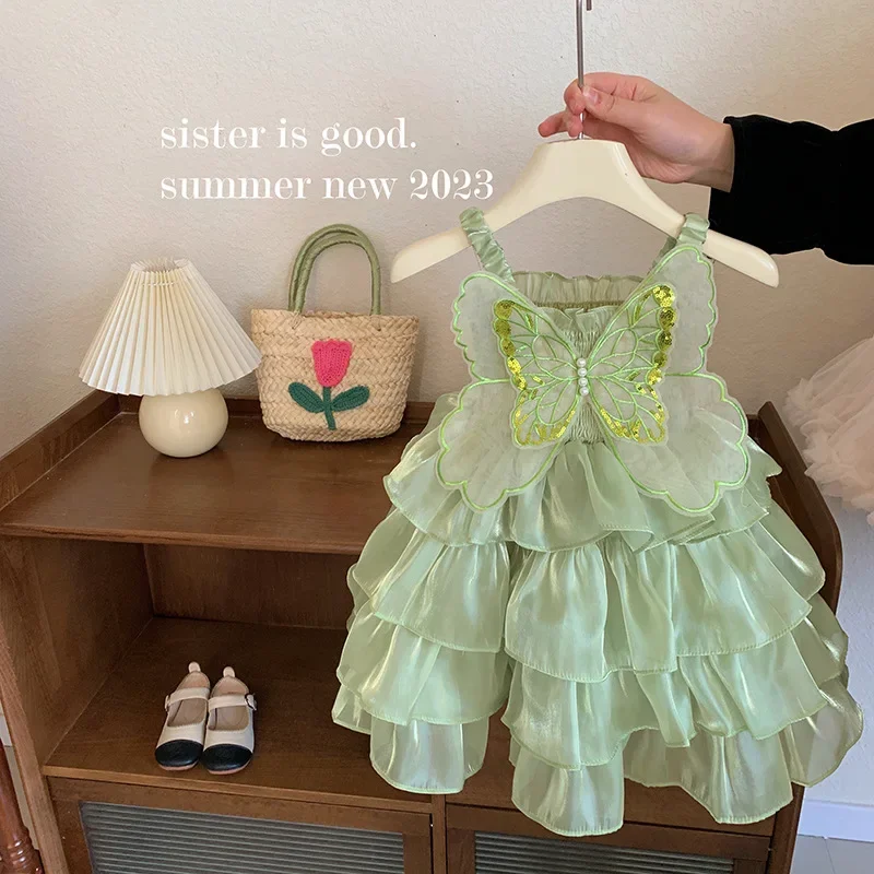 New Summer Baby Girls\' Party Dress Sleeveless Princess Dress Butterfly Bow Knot Cake Dresses Solid Color Kids Clothes E2336