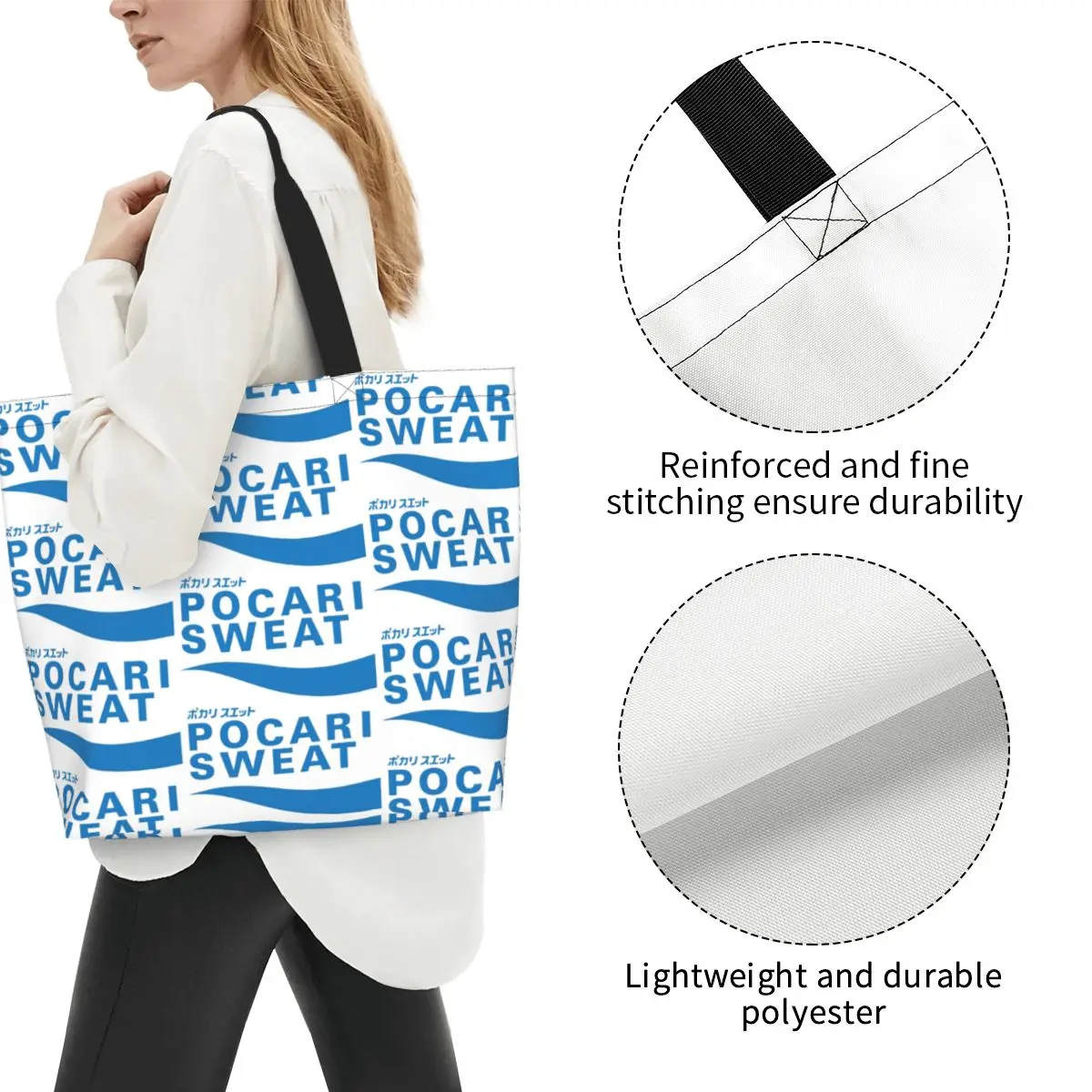 POCARI SWEAT Blue Shopping Tote Bag Canvas Large Capacity Shoulder Bags Shopper Grocery Handbag for Women
