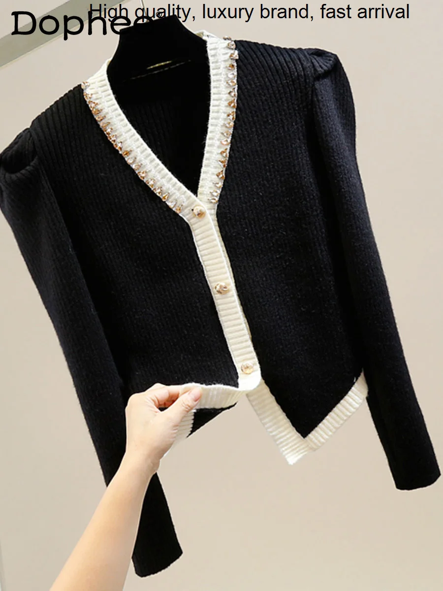 Beaded Heavy Industry Diamond Irregular Contrast Color Coat Women Winter Bubble Long Sleeve Slimming Knitted Sweater Top