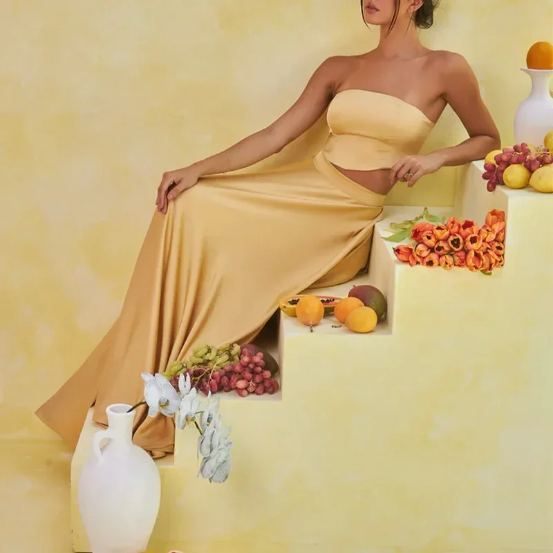 Women Party Two Piece Sets Skirt Outfits Short Top Sleeveless Backless Solid Color Strapless Sexy Ensemble Long Skirts Suit