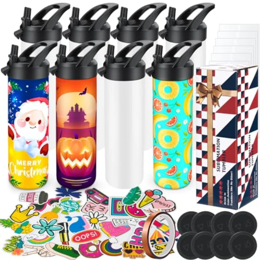 8 Pack 20oz Sublimation Tumbler Set Triple-Insulated Stainless Steel Sports Water Bottle with Straw Lid Blank Sublimation Cup w