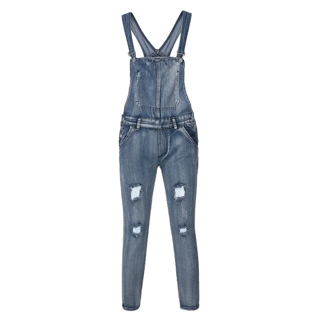 Men Vintage Suspenders Jeans Overalls Washed Denim Pencil Ankle Length One Piece Hole Distressed Pockets Casual Spliced Ripped