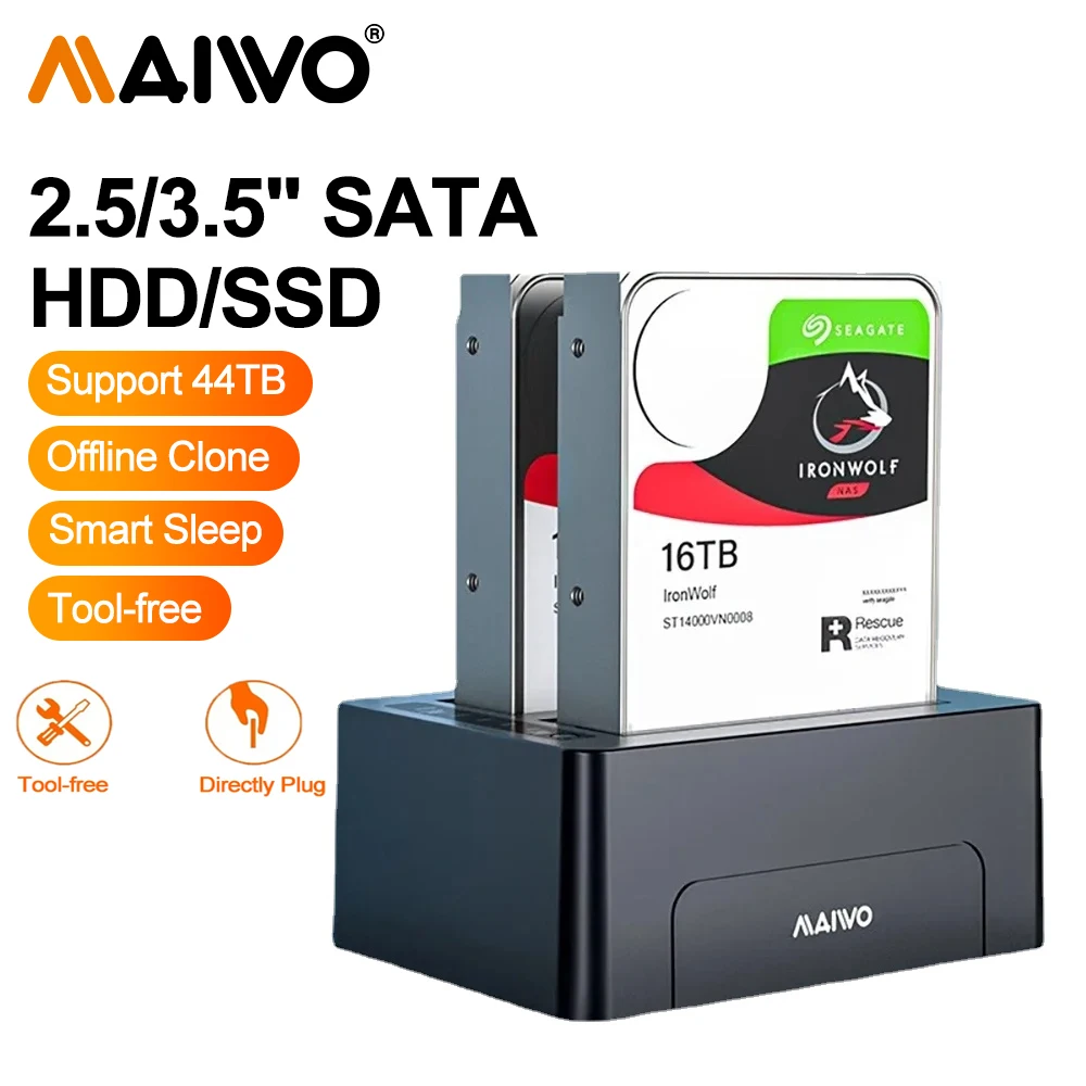 

MAIWO USB 3.0 to SATA Dual Bay Hard Drive Docking Station for 2.5" 3.5" SATA HDD/SSD Storage Dock Support Offline Clone Function