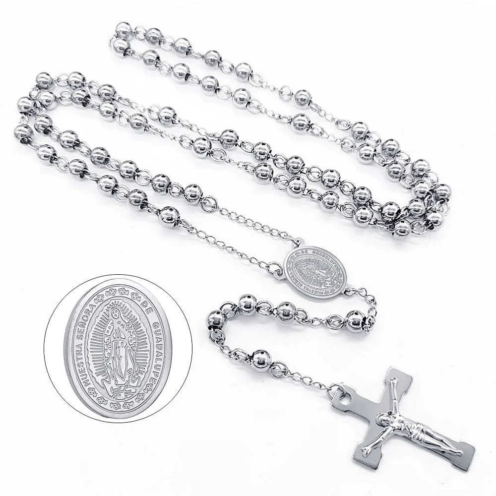 STEELBROS 6mm Beads Long Chain Catholic Rosary Necklace Stainless Steel Jesus Crucifix Cross Pendant Men Women Religious Jewelry