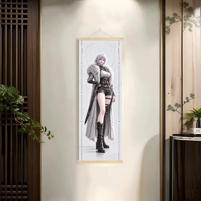 Ling Cage Incarnation Hanging Scroll with Anime Characters in Dark Tactical Outfits and Pale Backgrounds for Game room