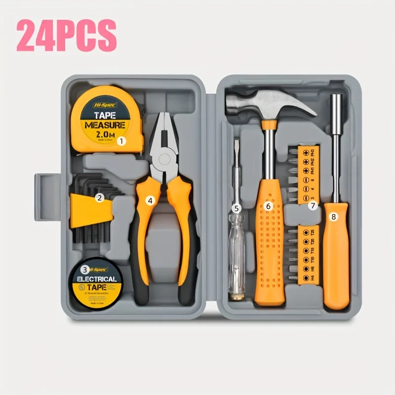 Conjunto de ferramentas manuais para casa, 24 peças, kit de ferramentas manuais com caixa de ferramentas de plástico, caixa de armazenamento usada para reparo de carro e reparo doméstico