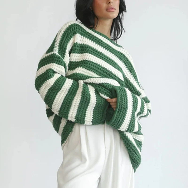 

Women Striped Print Sweaters Loose Slash Neck Long Sleeved Thick Pullovers Splice Casual Warm Jumpers Lady Autumn 2025