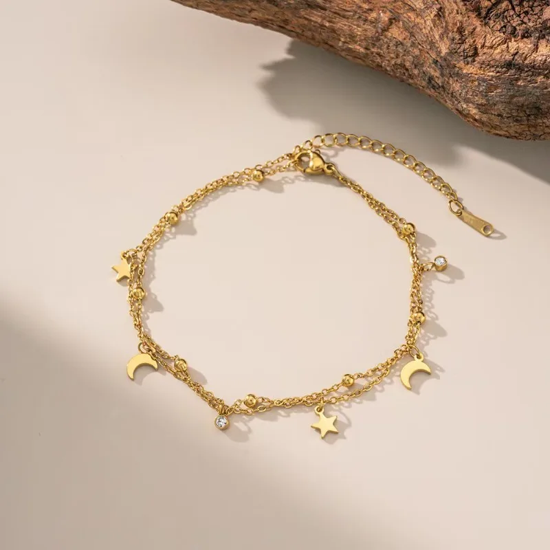 Sweet Fashion Gold Color Stainless Steel Double-layer Star and Moon Anklets for Woman Summer Beach Jewelry Accessories Colorfast